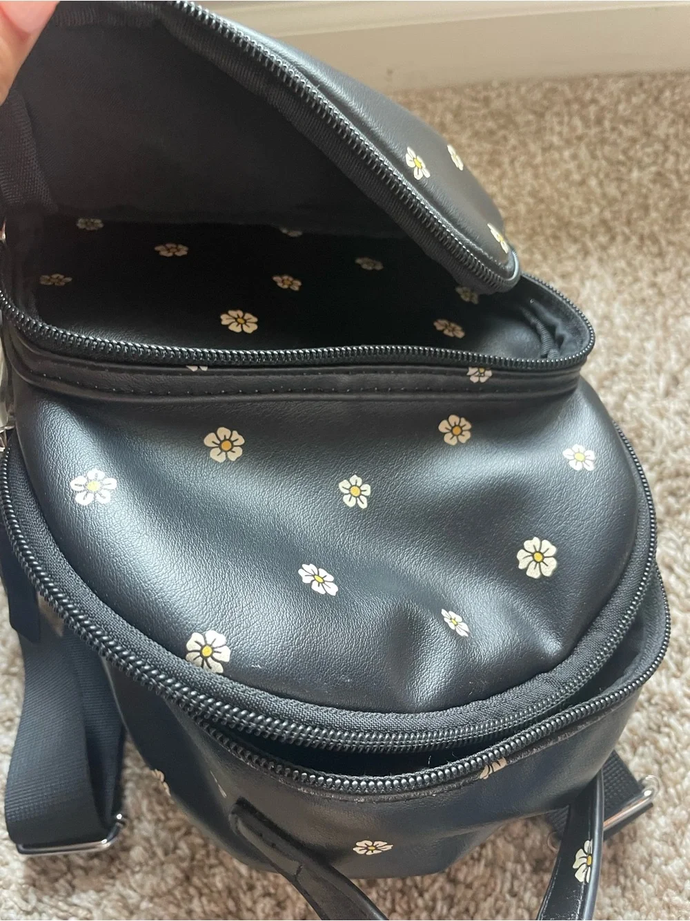 Black Mini Backpack with White Daisy Print